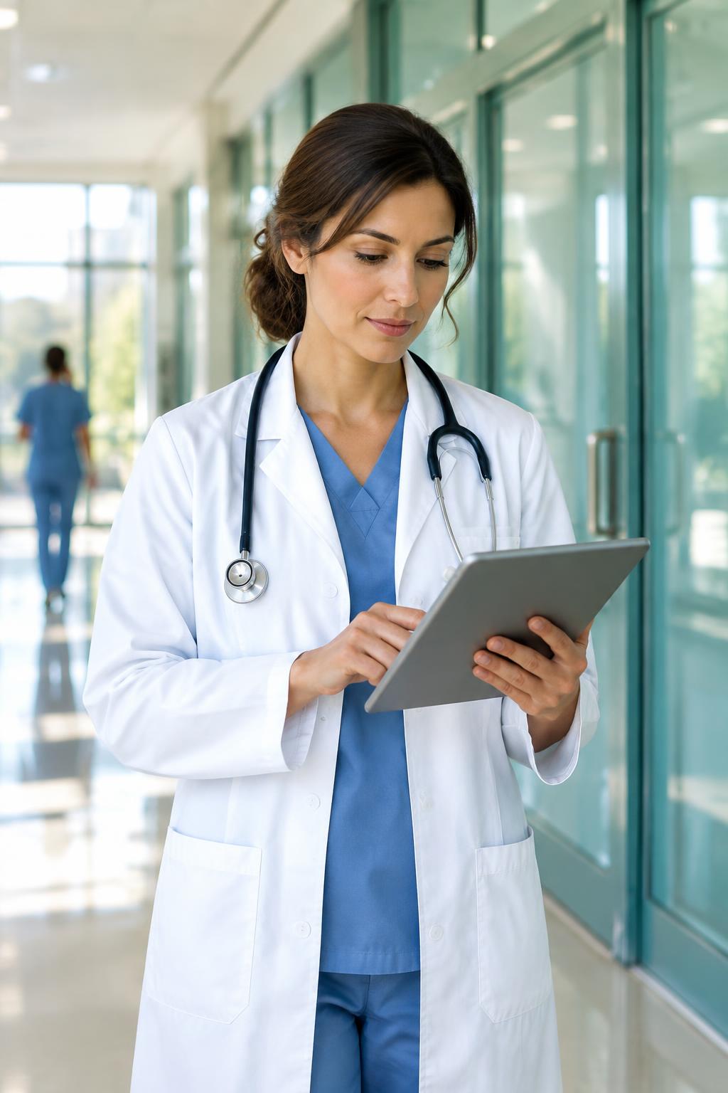 Doctor reviewing a tablet in a modern hospital corridor