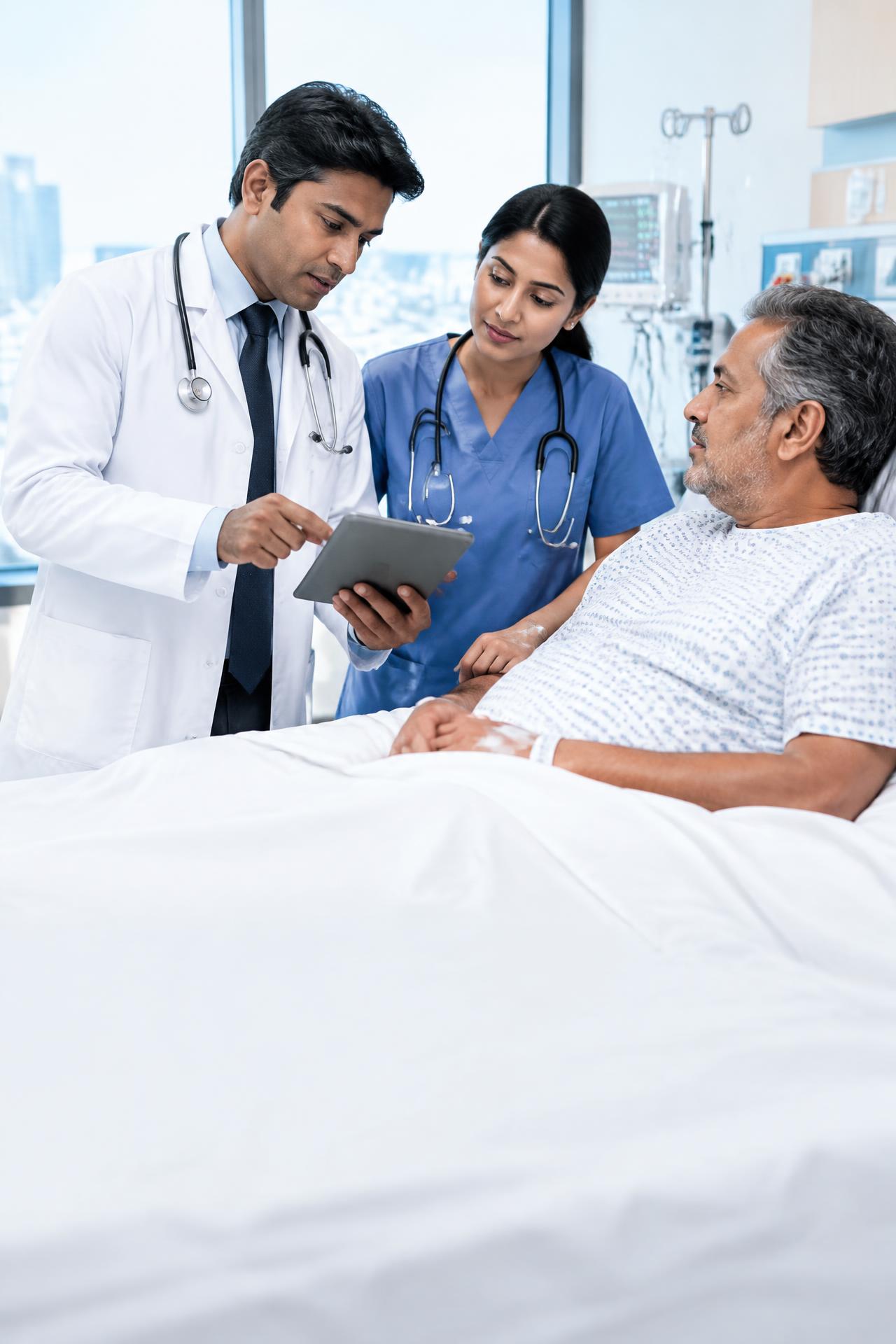 Doctors reviewing treatment with a patient at his hospital bedside