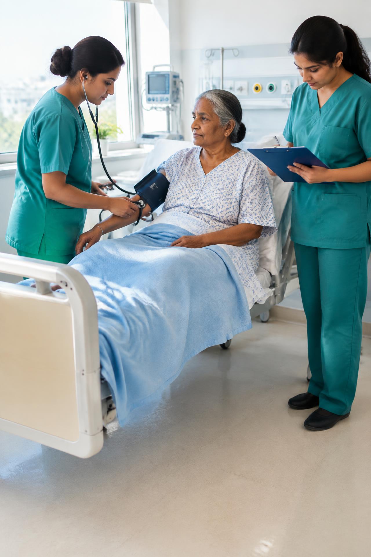 Two nurses checking an elderly patient’s blood pressure in a hospital ward