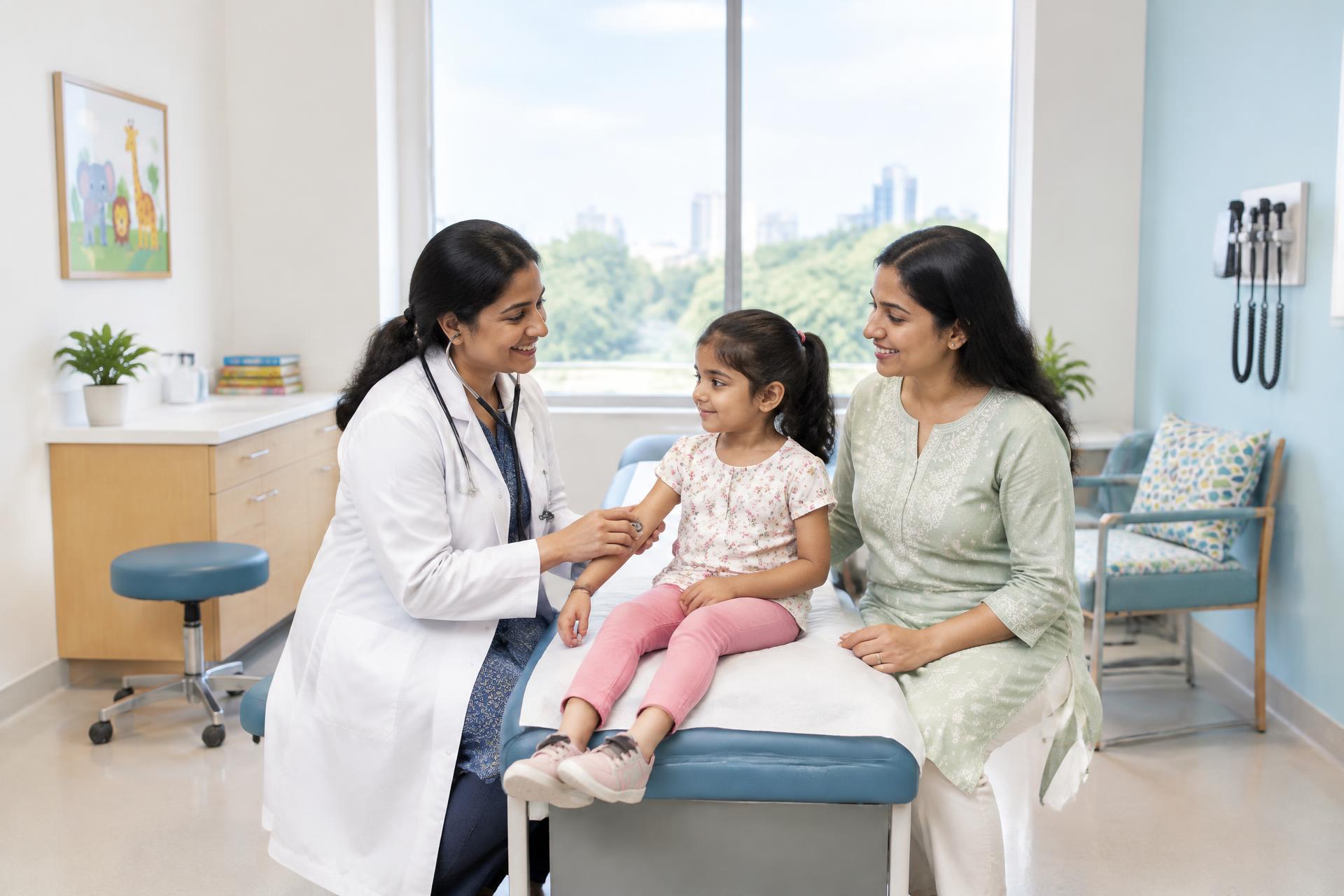 Pediatrician examining a child with her mother beside her