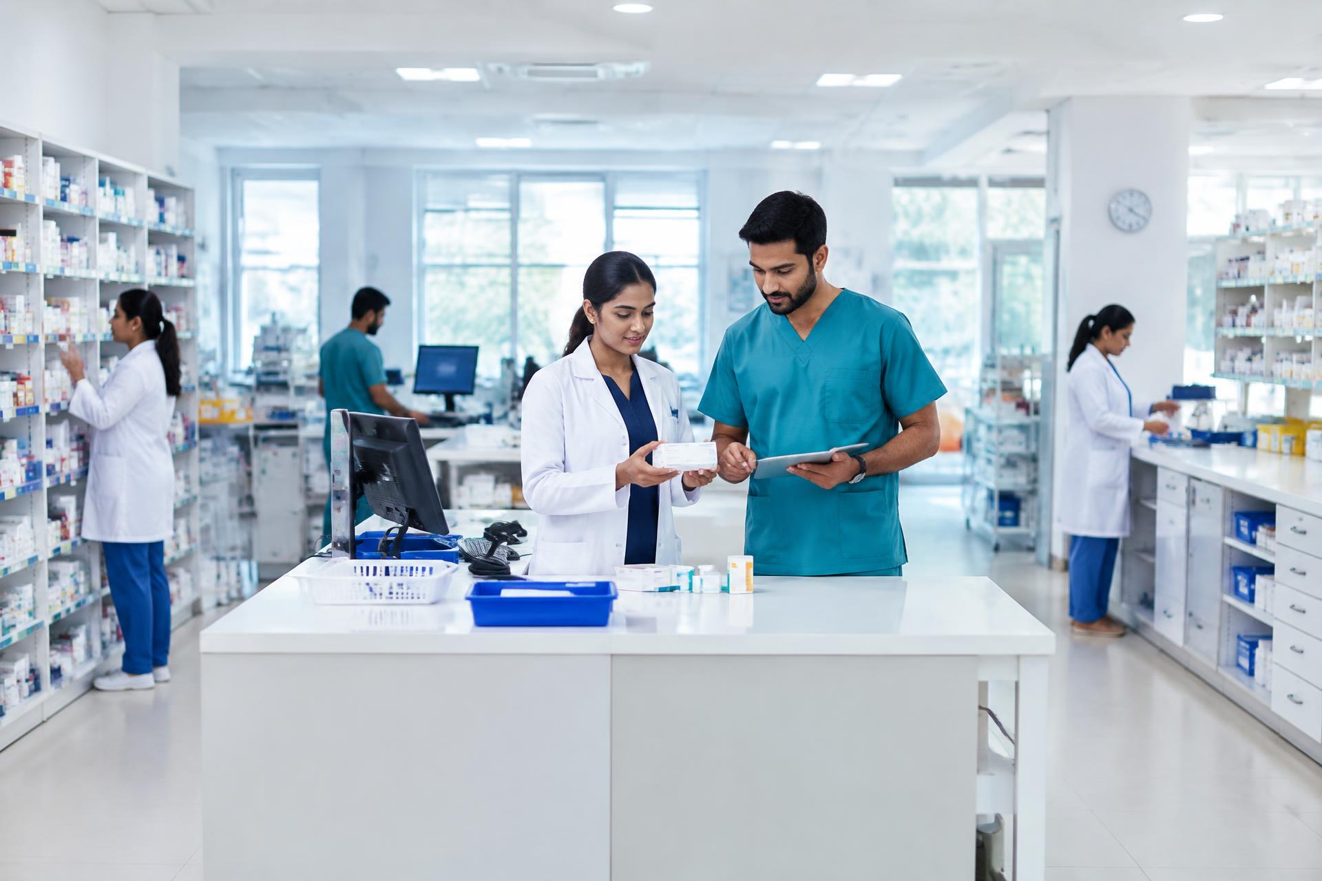 Hospital pharmacy team reviewing medication at a dispensing counter