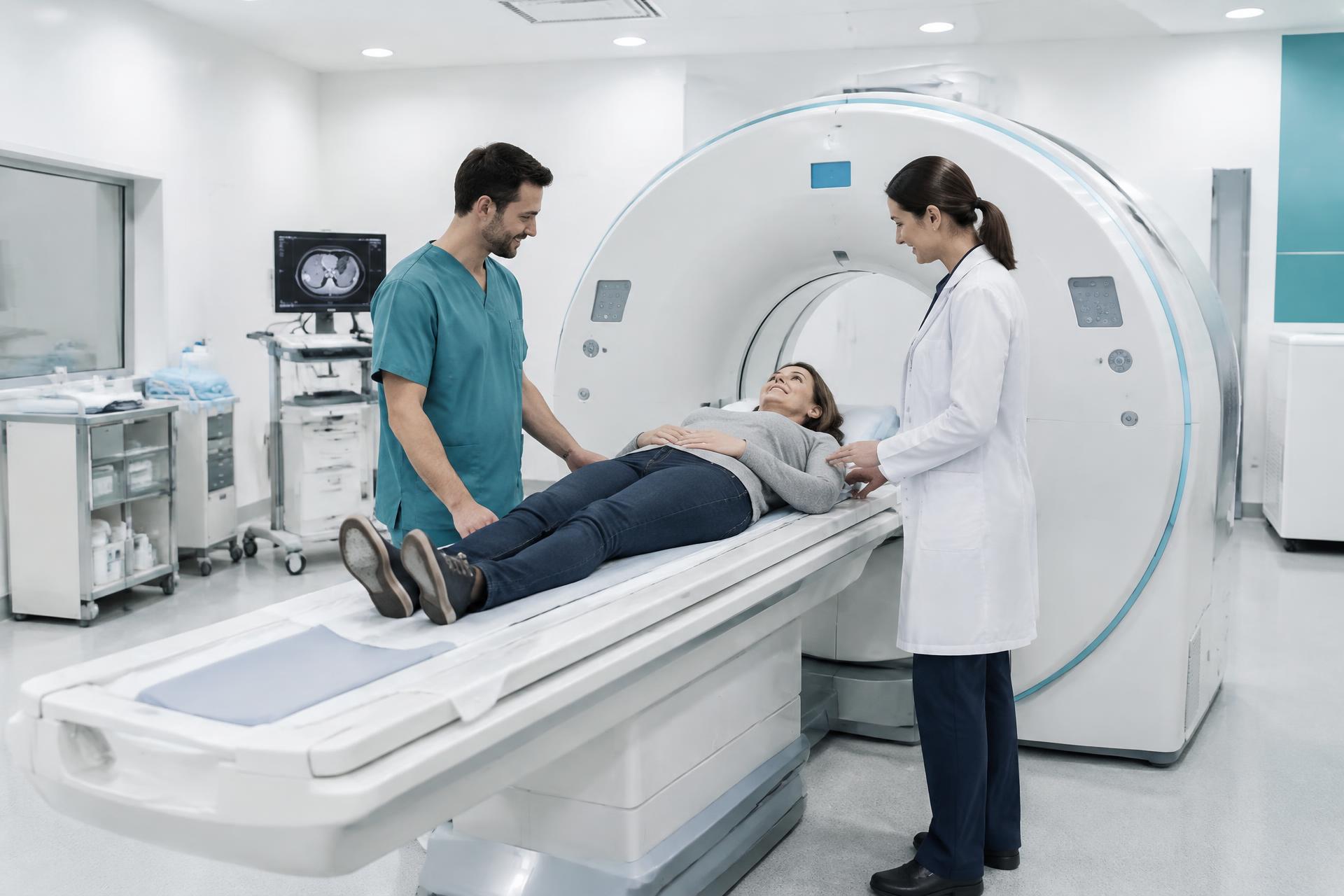 Radiology team preparing a patient for a CT scan